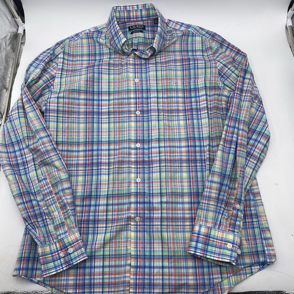 Polo Ralph Lauren Classic Blue Plaid Oxford Button Down L/S Shirt Large‎